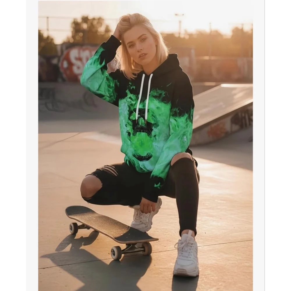 Men's OWMMIZ Black & Green Flame Skull Hoodie S - Picture 7 of 8